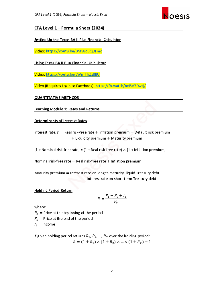 CFA Level I Formula Sheet 2024 Eloquens