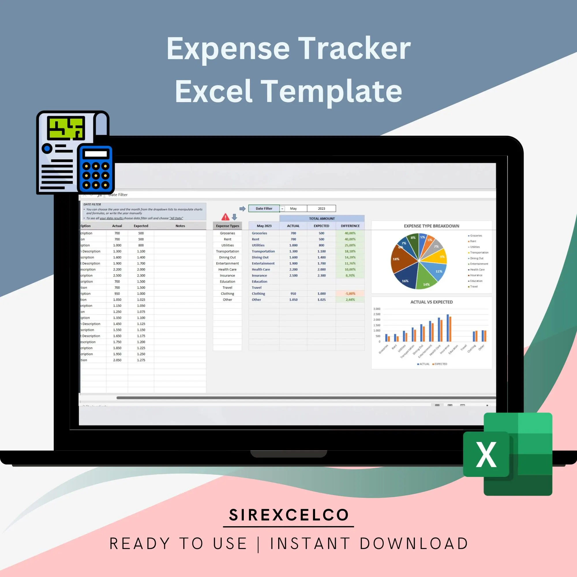 Annual Expense Tracker Finance Budget Excel Template Monthly Financial Planner Spreadsheet