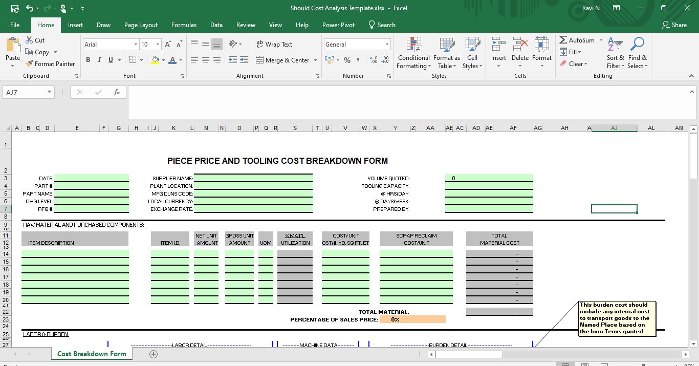 Costing Excel Template