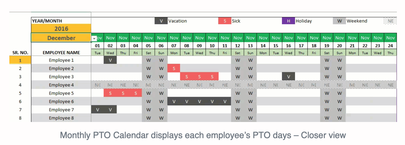 pto schedule excel template