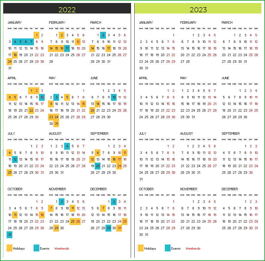 2022 Calendar Template - Excel Spreadsheet - Eloquens